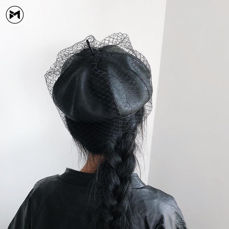 Mũ Beret Da PU Phối Lưới Phong Cách Retro Cho Bạn Gái