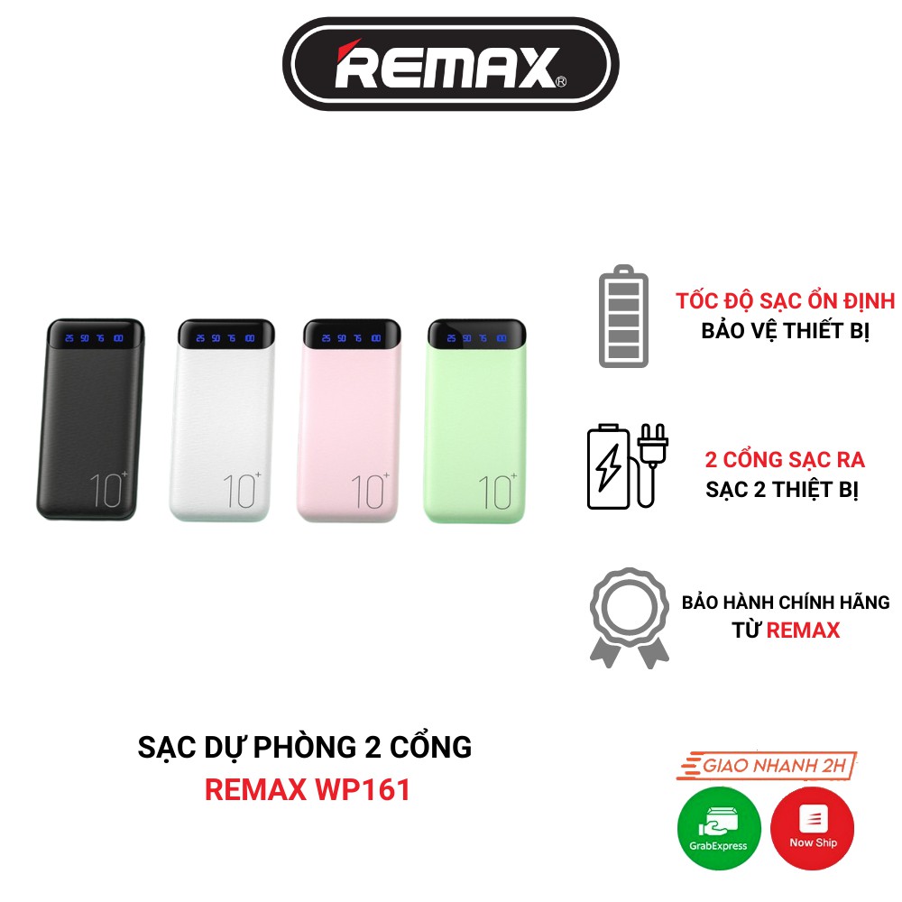 Sạc dự phòng chính hãng Remax WP 161 10000mAh sạc 2 thiết bị cùng lúc, cho điện thoại Samsung, Iphone, Ipad