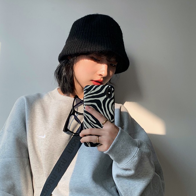 Mũ xô vải len phối nhung in màu đơn giản phong cách thu đông