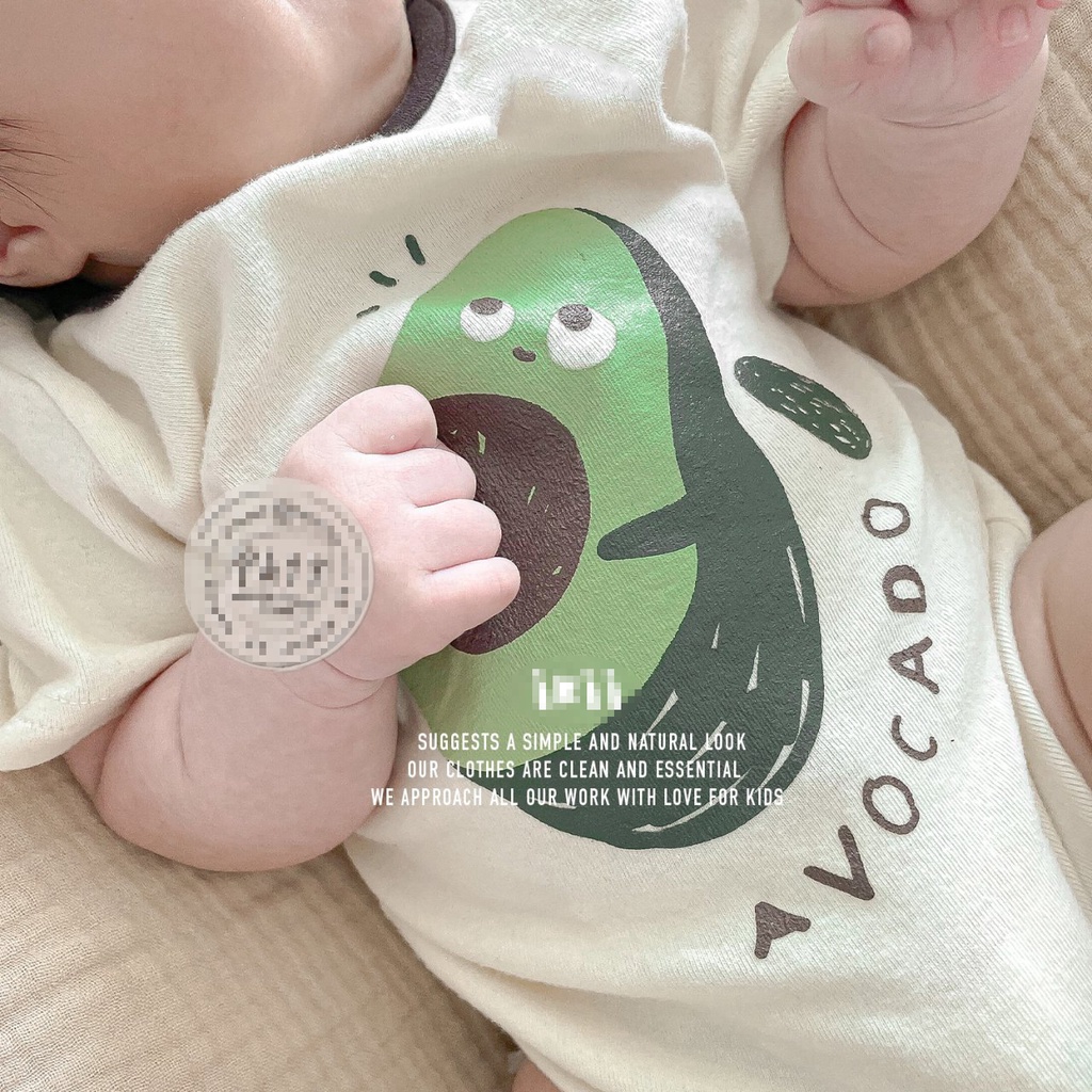 Bộ Áo Liền Quần Tay Ngắn In Hình Quả Bơ + 1 Chiếc Lá Dễ Thương Phong Cách Hàn Quốc Dành Cho Bé Sơ Sinh