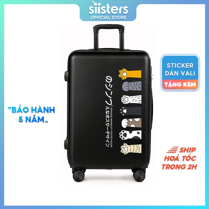 Vali Kéo Du Lịch Nhựa PC ABS Size 20/24/26 inch In Hình Núm Tay Mèo Màu Đen