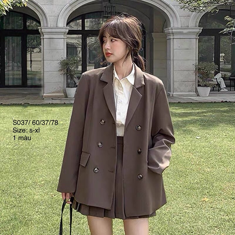✨ Set Blazer 6 cúc 2 lớp dày dặn + chân váy xếp ly dáng ngắn tone màu nâu trầm Trendy
