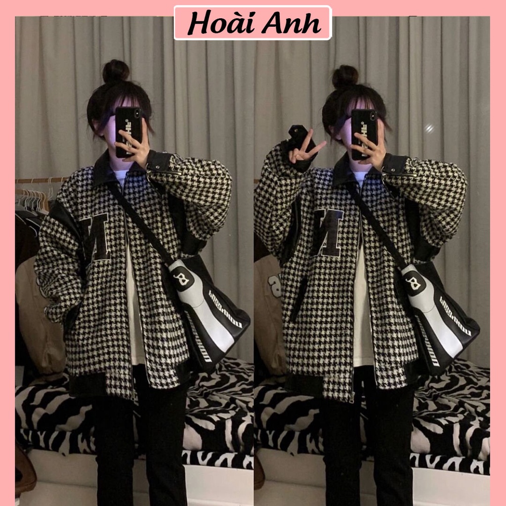 Áo Bomber Unisex Áo Khoác Dạ Tweed Cổ Phối Da Form Rộng Freesize