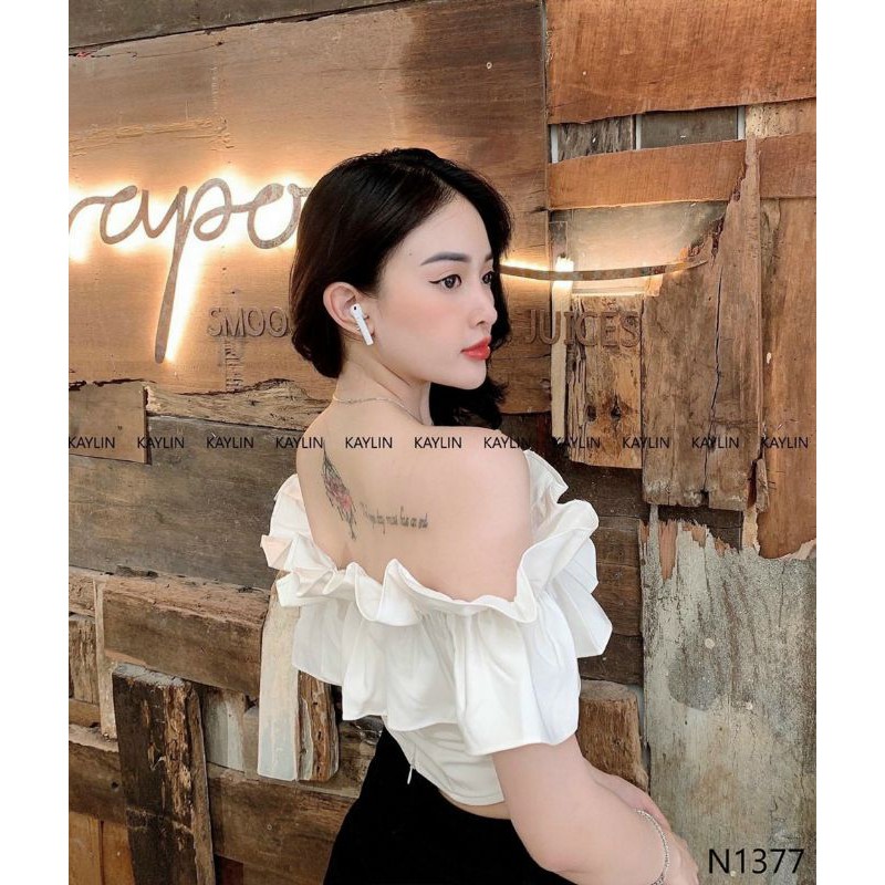 Áo trễ vai croptop vải voan màu trắng đen bông ngay vai shop Tiến Linh