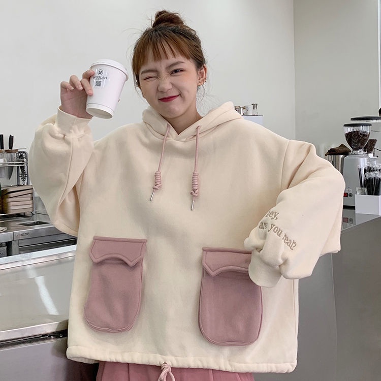 Áo hoodie tay dài dáng rộng phối lông màu sắc thời trang cho nữ