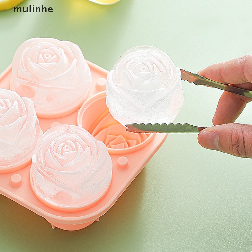 Khuôn Silicone Làm Đá Viên 4 Ngăn Tạo Hình Hoa Hồng 3D Tiện Dụng