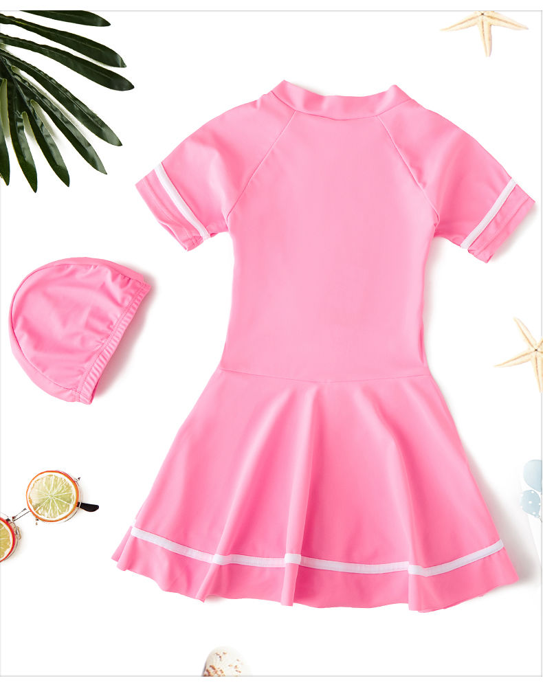 Girls swimwear 1-piece for beach sports short-sleeved cute pink