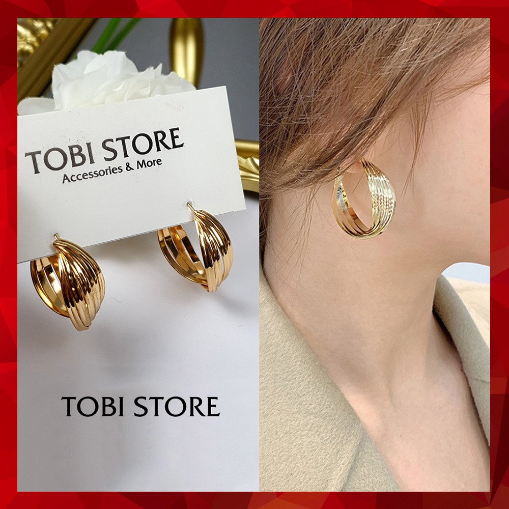 Bông tai nữ xoắn tròn nhiều lớp cỡ khuyên tai to mạ vàng khóa cài hàng đẹp TB290 TOBI STORE