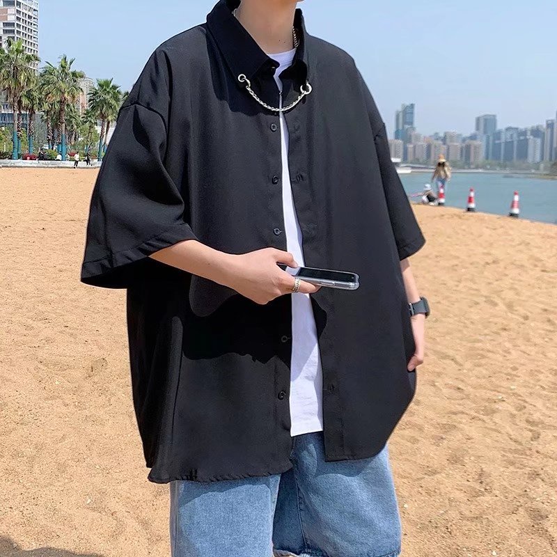 Áo Sơ Mi Tay Ngắn Màu Trơn Phong Cách Hàn Quốc Thời Trang Cá Tính Cho Nam