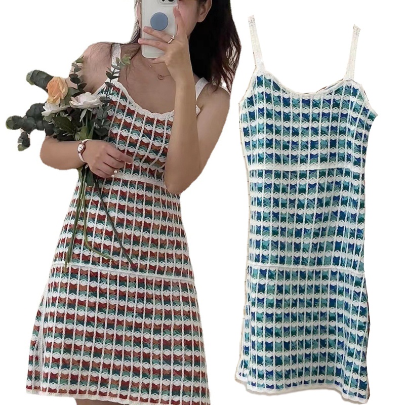 Đầm Chữ A Lưng Cao Không Tay Họa Tiết Kẻ Sọc Nhiều Màu Sắc Dành Cho Nữ