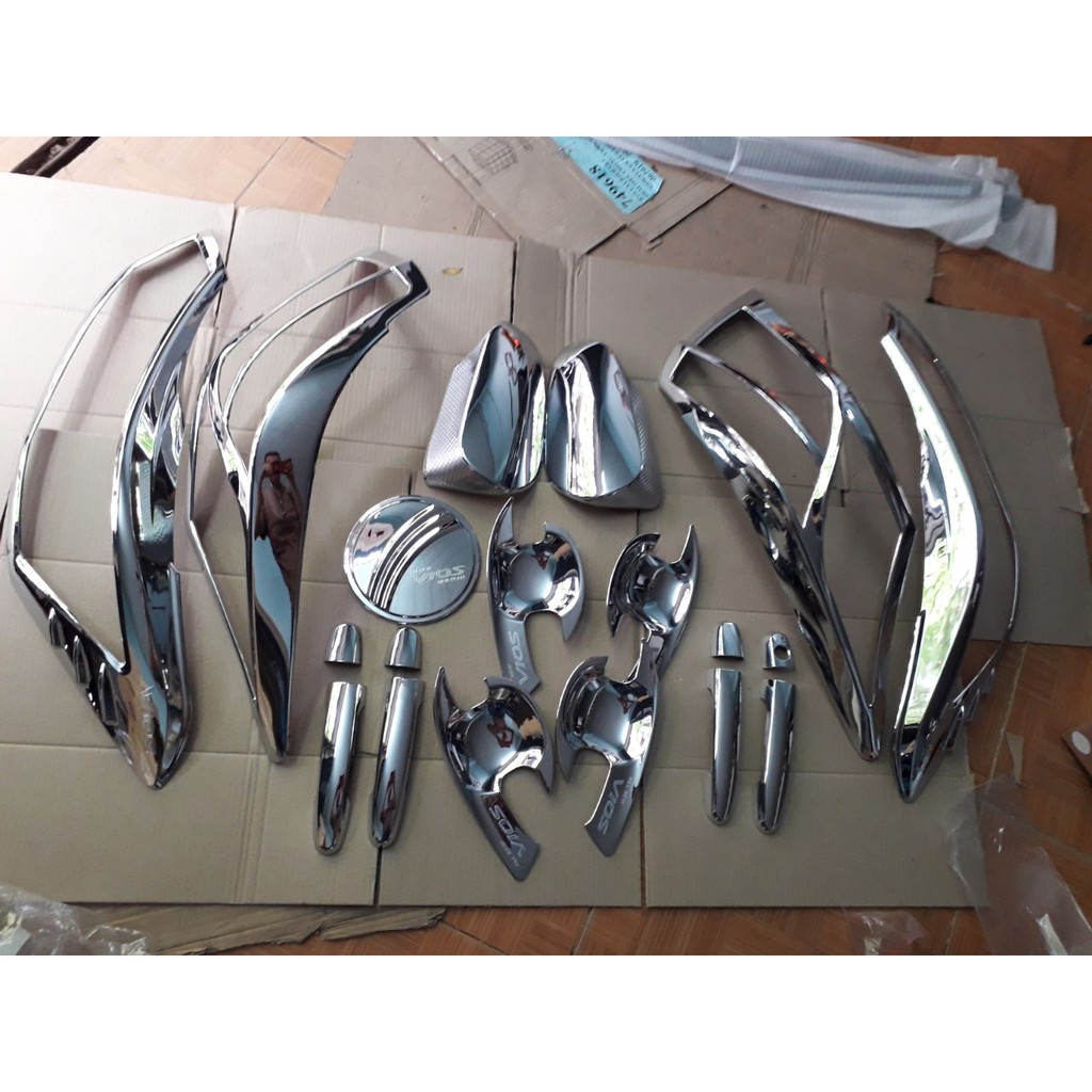 Bộ ốp mạ crom Pha + hậu + tay + Hõm cửa + ốp Gương + Nắp xăng dành cho form Toyota Vios 2014-2018