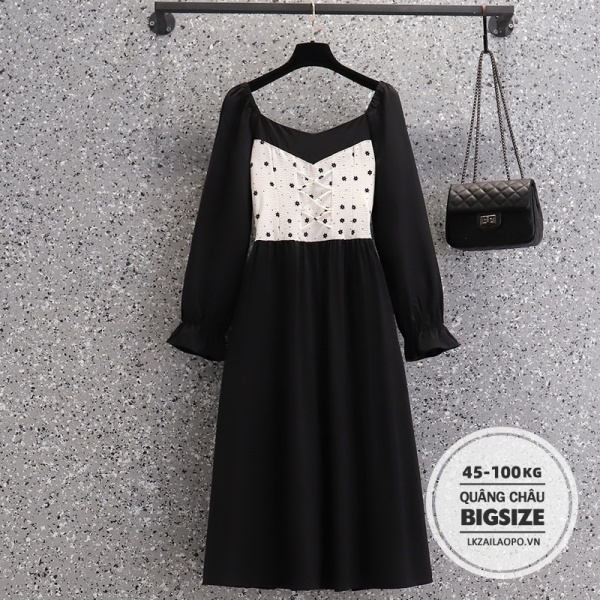 BIGSIZE Nữ (45-100kg) Đầm Che Bụng Mỡ Ôm Eo midi dáng dài đen cổ vuông tay dài mùa thu - Váy sang chảnh cá tính - - phong cách nhật bản xinh đẹp - cho người mập béo 45-100kg
