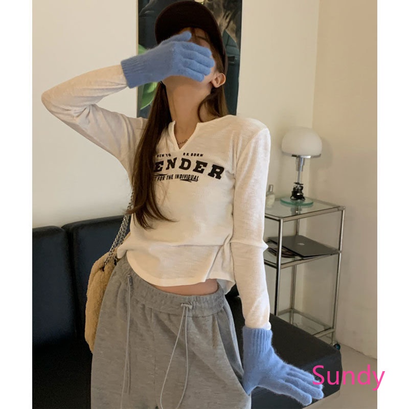 Plus Áo Thun Tay Dài In Chữ Đơn Giản Phong Cách Hàn Quốc Thời Trang Xuân Thu Cho Nữ