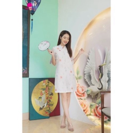 Set áo dài cách tân mặc tết mẹ và bé gái họa tiết hoa màu trắng Myla Kids mẫu áo sườn xám chất tơ organza