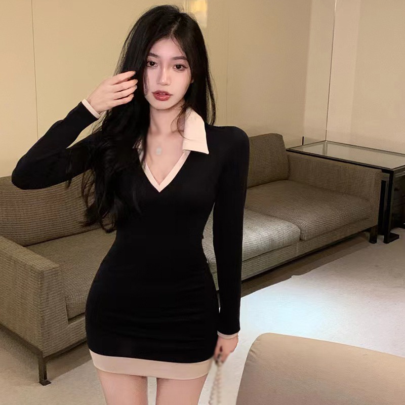 Đầm Mini Tay Dài Phối Màu Phong Cách Hàn Quốc Thời Trang Cho Nữ