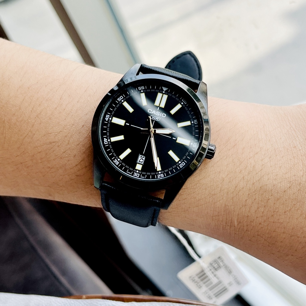 Đồng hồ nam dây da thời trang Casio MTP VD02BL-1E mặt đen - Size 41 Kim dạ quang Bảo hành 1 năm Hyma watch