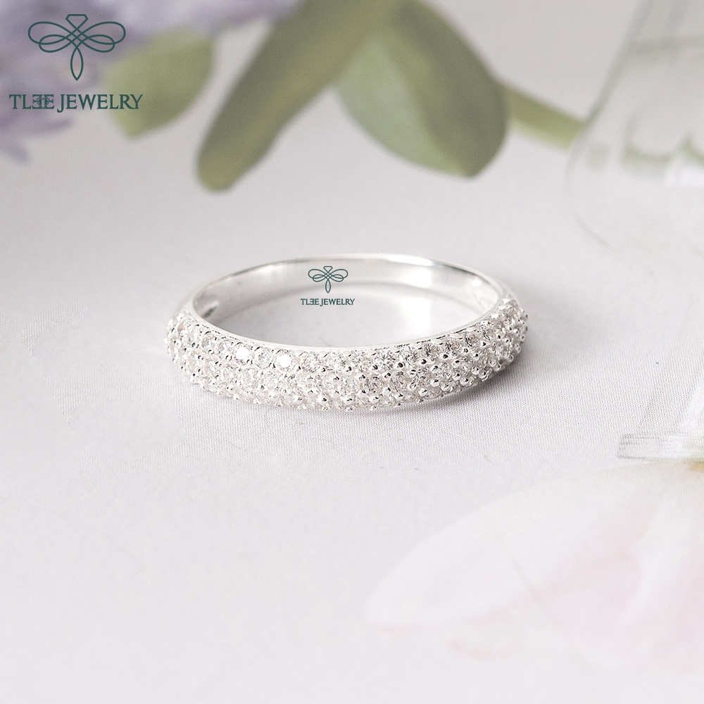 Nhẫn bạc nữ TLEE mẫu bo tròn đính ba hàng đá nhỏ lấp lánh TleeJewelry A0207