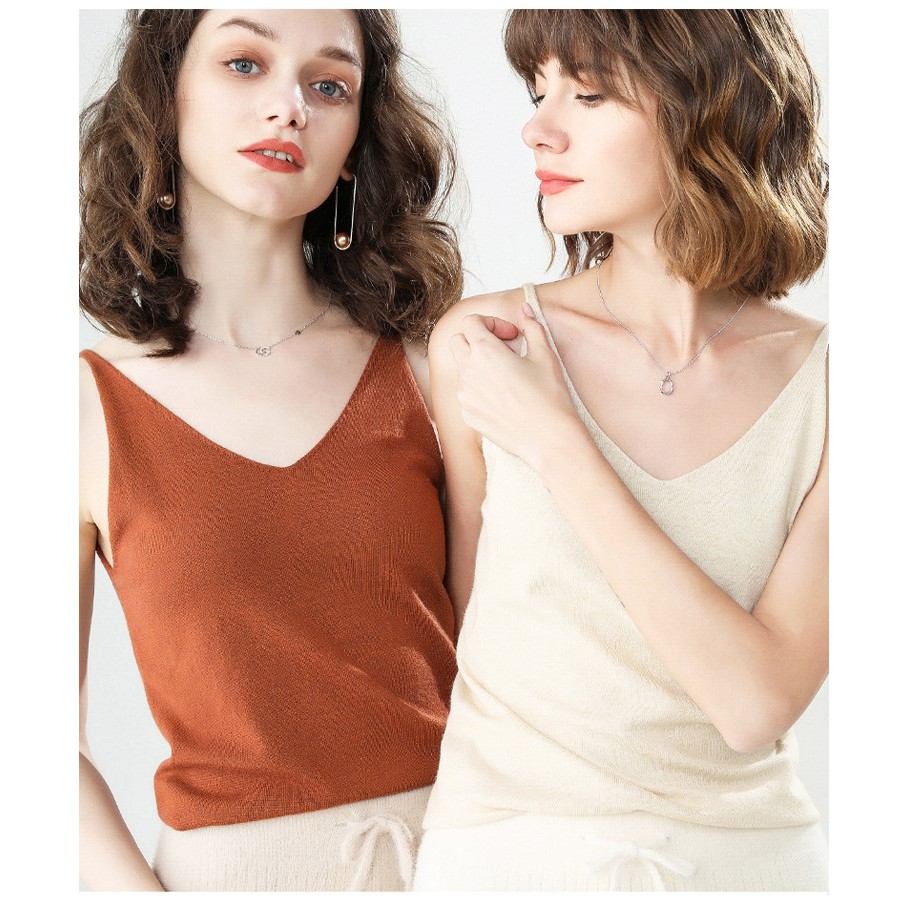 SUXI Áo Tank Top dệt kim thiết kế cổ chữ V nữ tính