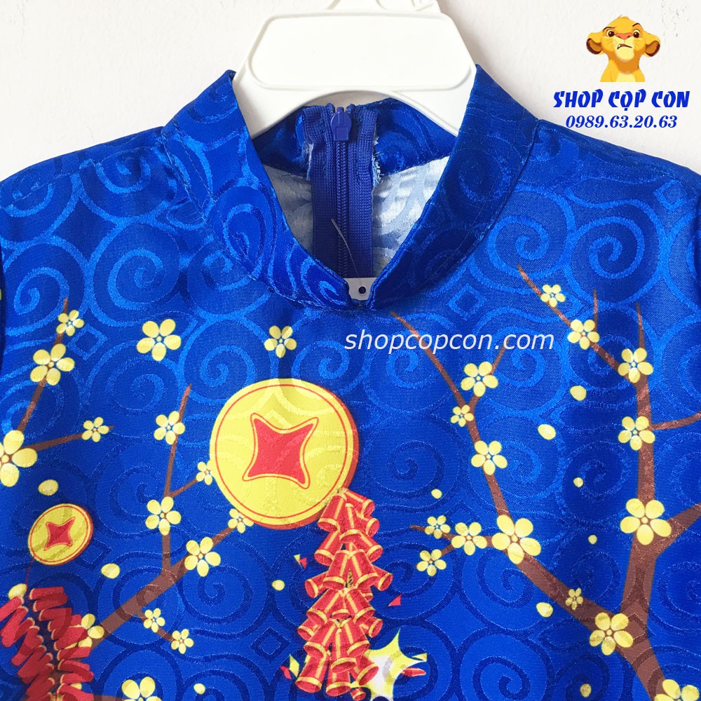 Áo dài bé trai hình múa lân màu xanh bích