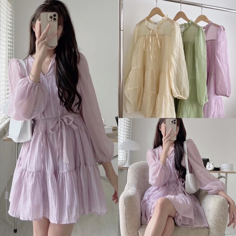 Đầm váy babydoll đũi tơ 3 màu tay dài 2 lớp kèm dây buộc eo