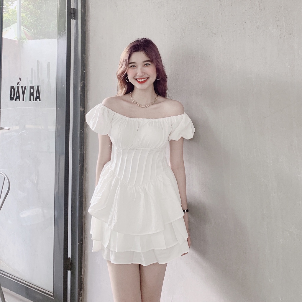 Sét Áo Trễ Vai Tay Bồng Cúp Ngực, Chân Váy Xếp Ly 3 Tầng