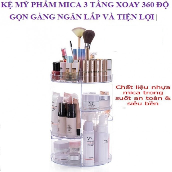 KỆ ĐỰNG MỸ PHẨM ĐỂ BÀN MICA TRỤ XOAY 360 ĐỘ