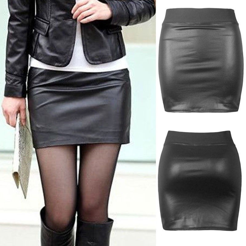 ☛☏❤Women Sexy Black PU Leather Pencil Bodycon High Waist Mini Skirt