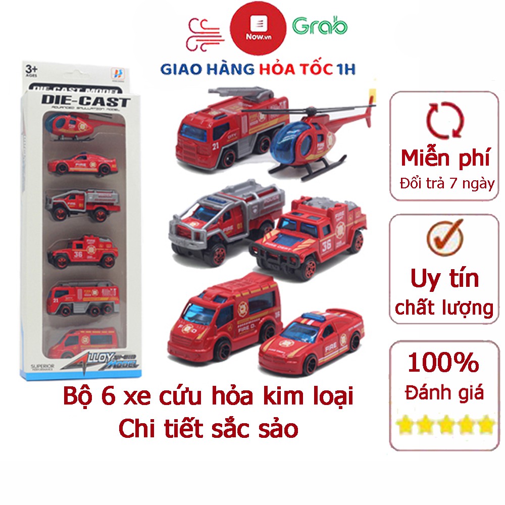 Bộ đô chơi set 6 xe cứu hỏa cảnh sát bằng kim loại nguyên khối bền bỉ có thể trang trí