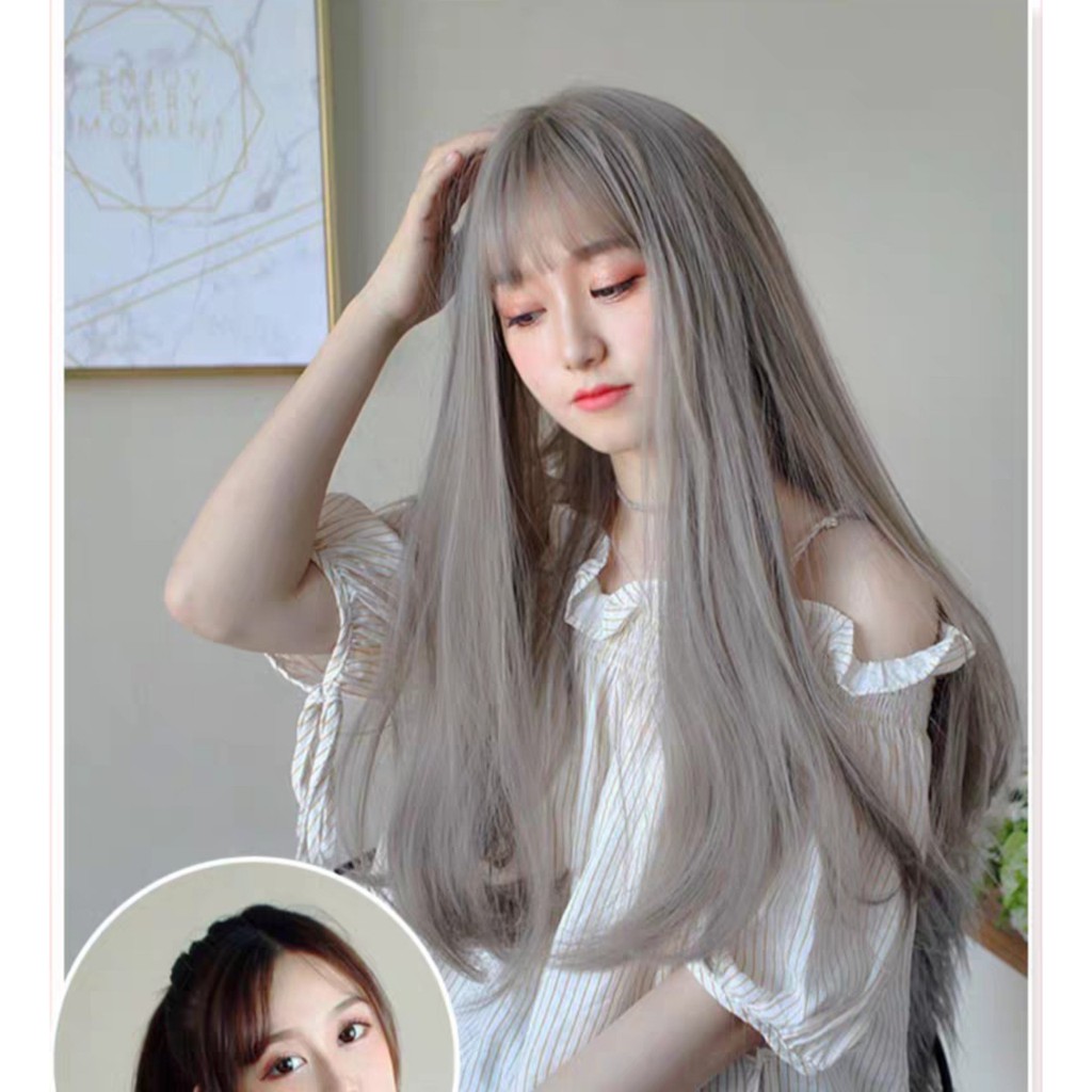 Tóc giả nữ nguyên đầu thẳng dài, tóc bộ cả đầu mái thưa