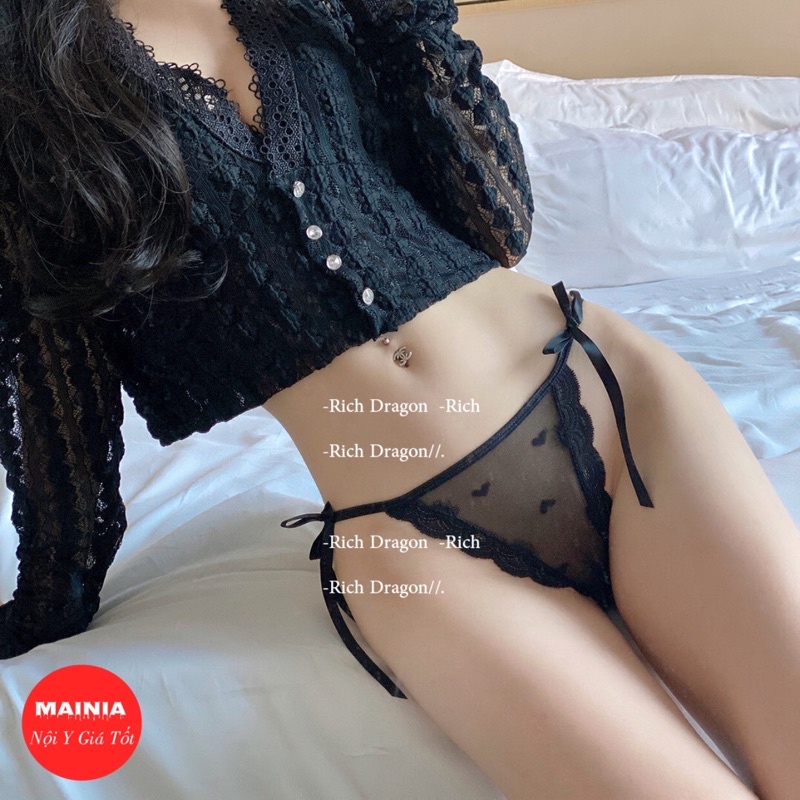 [Có BIGSIZE] Quần Lót Ren Dây Hông Đính Nơ Hoạ Tiết Trái Tim Chíp Nữ Ren Xuyên Thấu Cao Cấp Mainia Shop