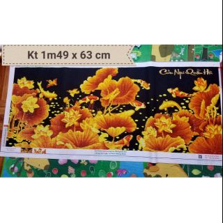 Tranh đính đá thành phẩm cá chép sen vàng tuyệt đẹp kt 149×63cm