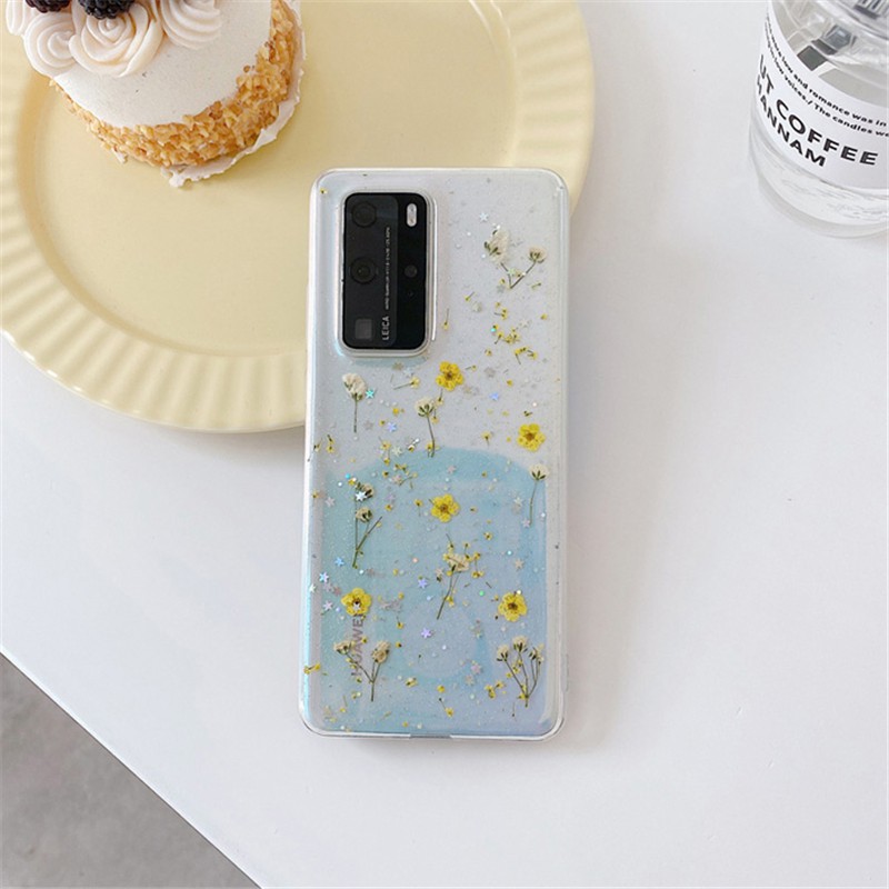 Ốp điện thoại epoxy trong suốt đính kim tuyến và hoa khô cho Samsung Galaxy S21 Ultra S21+ S20 FE S10 S9 S8 Note 10 Plus 9 20 Ultra Lite