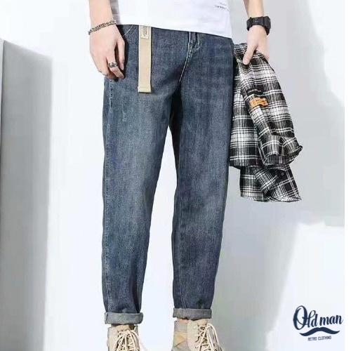 Quần Jeans Baggy Nam, Quần Jeans Nam Trơn Có Thắt Lưng Đi Kèm, Chất DENIM Cao Cấp, Phong Cách Retro Cổ Điển, Vintage