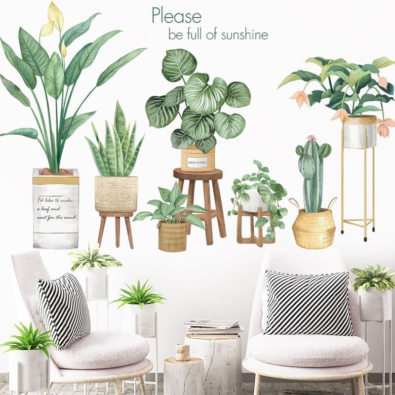 Decal dán tường chậu cây trên ghế