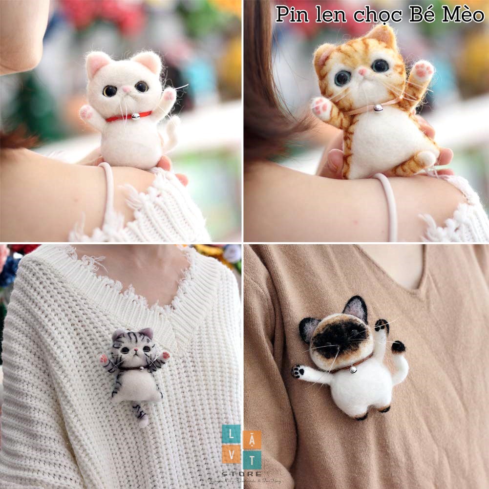 Tự làm Pin cài áo từ len chọc hình Con Mèo, Có Video hướng dẫn - Needle Felting Cat