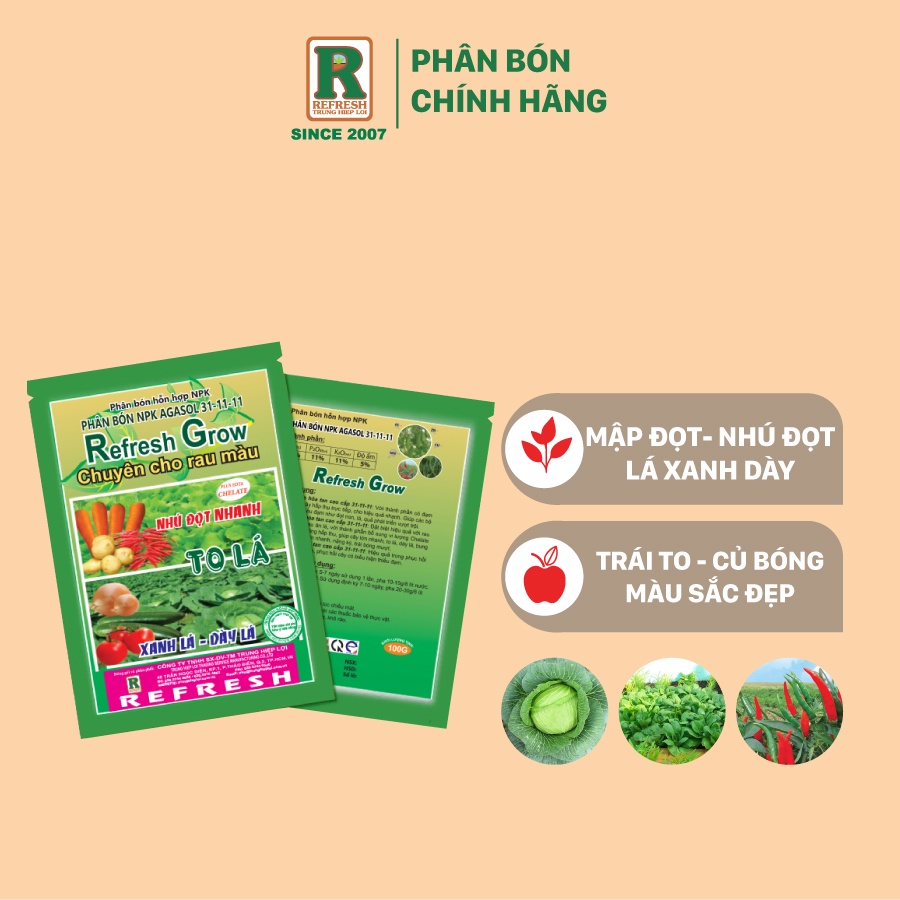 Phân bón NPK kích đọt nhanh, nhú đọt, lớn lá chuyên rau màu REFRESH GROW 31-11-11 50gr