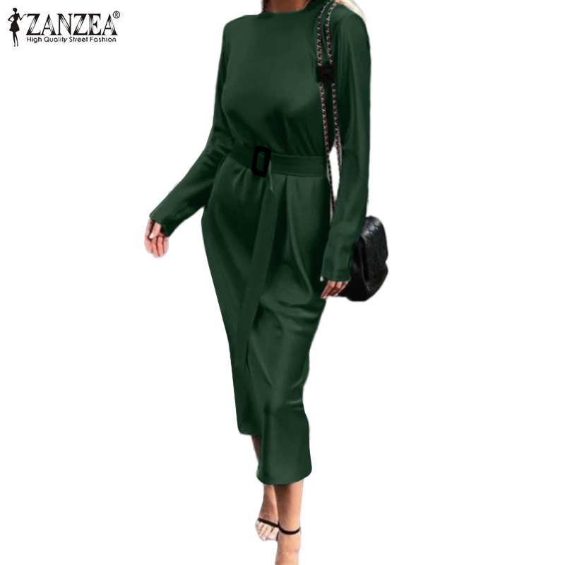 Đầm dài ZANZEA vải satin dáng ôm kiểu xếp ly cổ tròn dài tay thời trang cho nữ