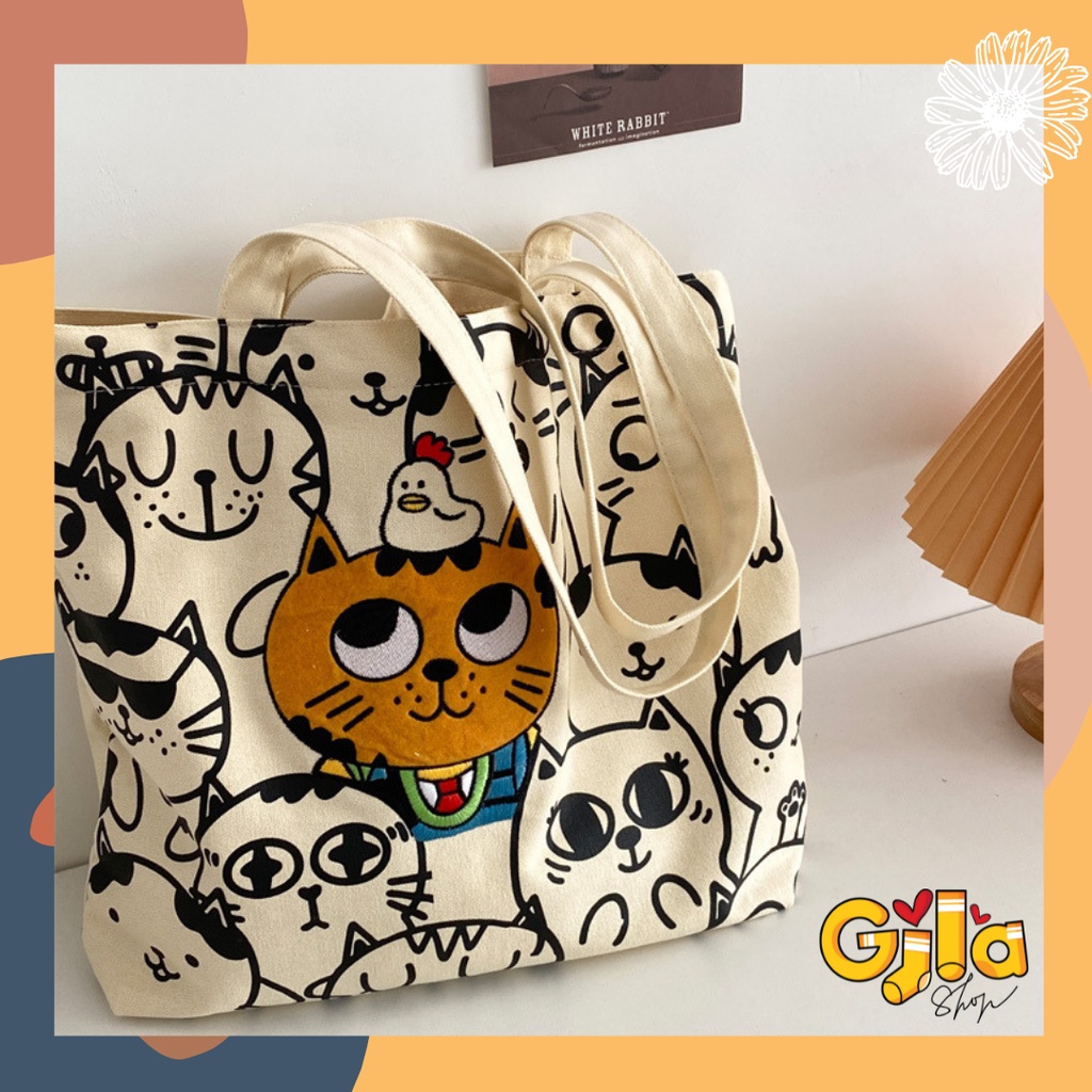 Túi Tote Hình Mèo, Chó Canvas Thiết Kế Phong Cách Nhật Bản
