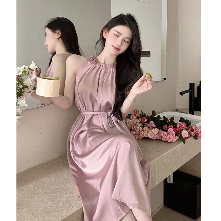 Đầm Satin Cao Cấp Hở Vai Dáng Ôm Sát Nách Cột Dây Thời Trang Pháp Cao Cấp