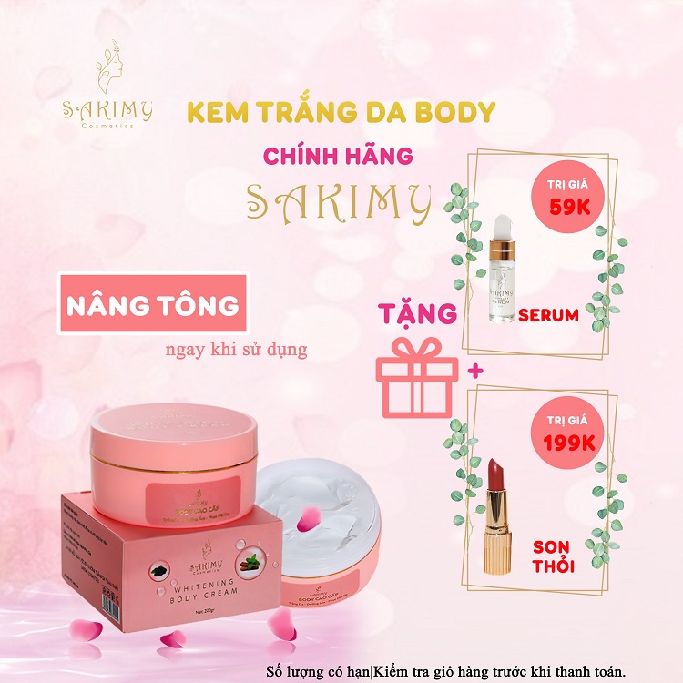 Kem dưỡng trắng da body Sakimy 200gr tặng 1 chai serum kích trắng và 1 cây son thỏi sakimy hàng chính hãng. | WebRaoVat - webraovat.net.vn