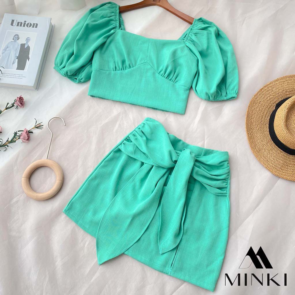 SET ÁO CỔ VUÔNG + CHÂN VÁY CỘT NƠ - CHẤT LIỆU KAKI NHẬP KHẨU - MÀU XANH NGỌC/NÂU TÂY [HÀNG THIẾT KẾ] | BigBuy360 - bigbuy360.vn