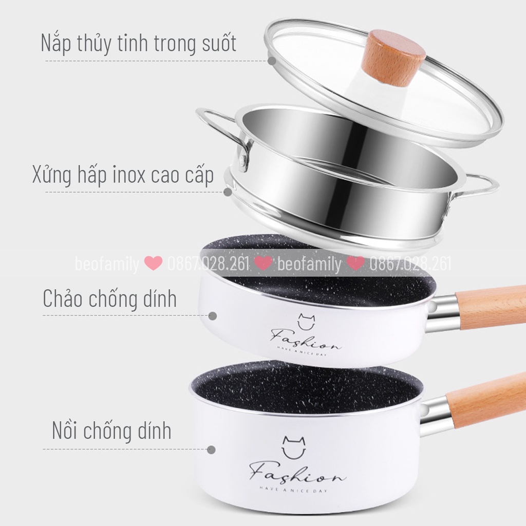 (Chính Hãng Loại 1) Bộ Nồi Chảo Chống Dính Nấu Bột, Nấu Cháo, Nấu Đồ Ăn Dặm Cho Bé Fashion Xuất Hàn