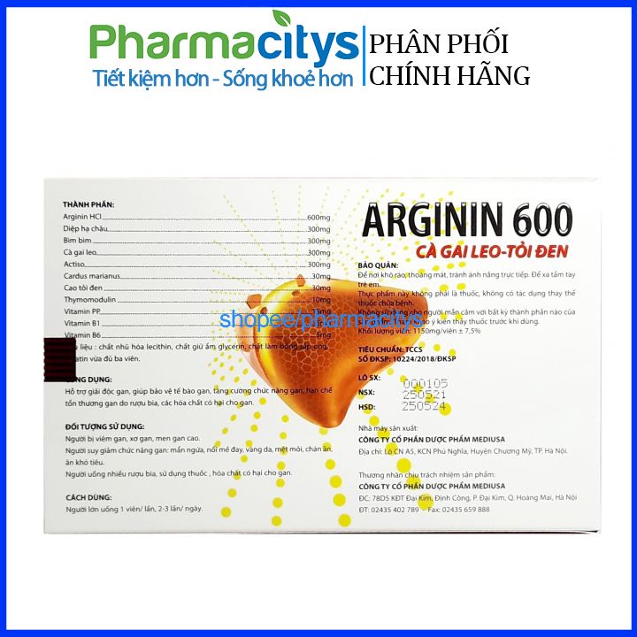 Viên uống Arginin 600 cà gai leo – tỏi đen bổ gan, giải độc cơ thể, tăng cường chức năng gan – Hộp 60 viên