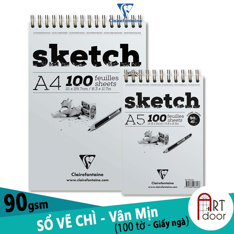 [ARTDOOR] Sổ vẽ chì CLAIREFONTAINE Sketch 90gsm (giấy ngà, mịn)