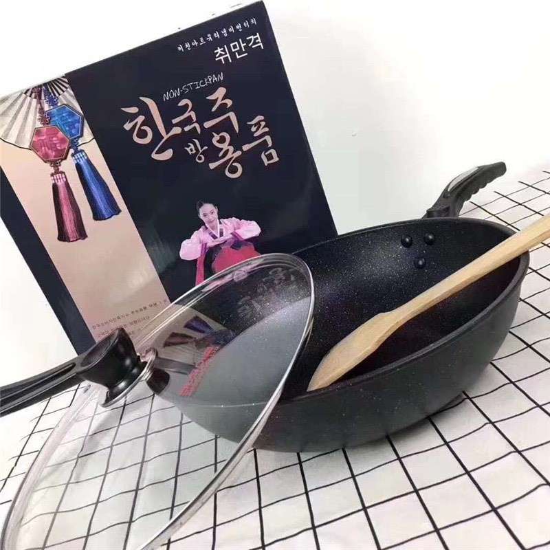 Chảo Chống Dính Siêu Bền Sâu Lòng Đá Coopia Hàn Quốc có nắp kính size 32cm (Tặng thìa gỗ + Khăn lau đa năng)