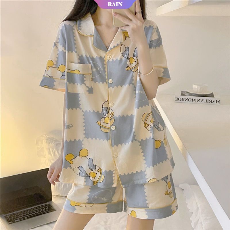 Bộ Đồ Ngủ Ngắn Tay Dáng Rộng In Họa Tiết Vịt Hoạt Hình Phối Nút Đáng Yêu Cho Nữ