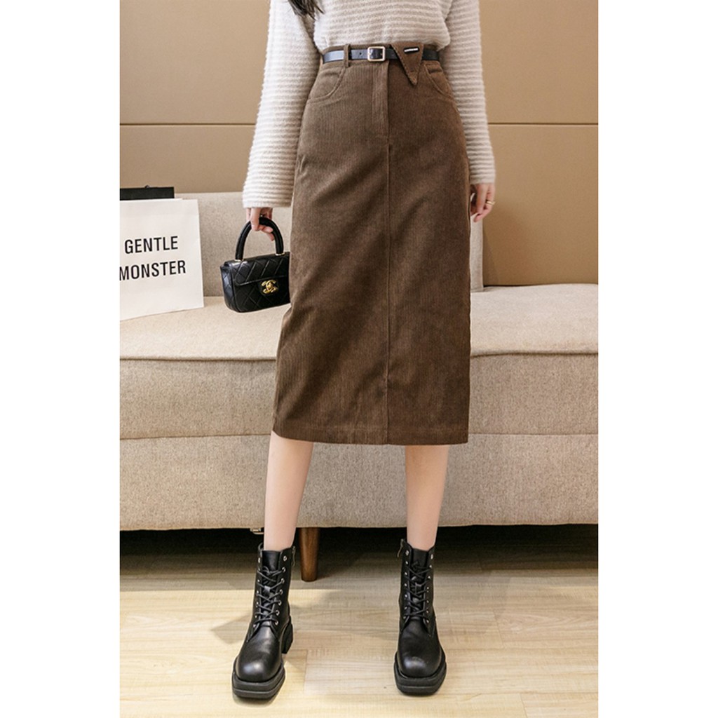 Chân Váy Nhung Dài Xẻ Ngang Hông Kèm Thắt Lưng