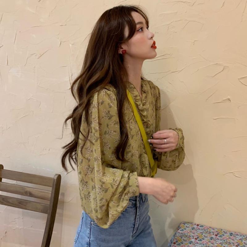 Áo Sơ Mi Voan Tay Dài Cổ V Họa Tiết Hoa Thời Trang Xuân Thu 2021 Cho Nữ