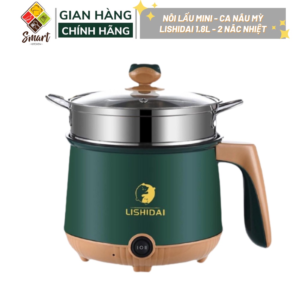 Nồi lẩu mini đa năng, ca nấu mì 18cm 2 nấc nhiệt kèm giá hấp, đế chống dính, chiên xào, hấp, luộc, bảo hành 12 tháng