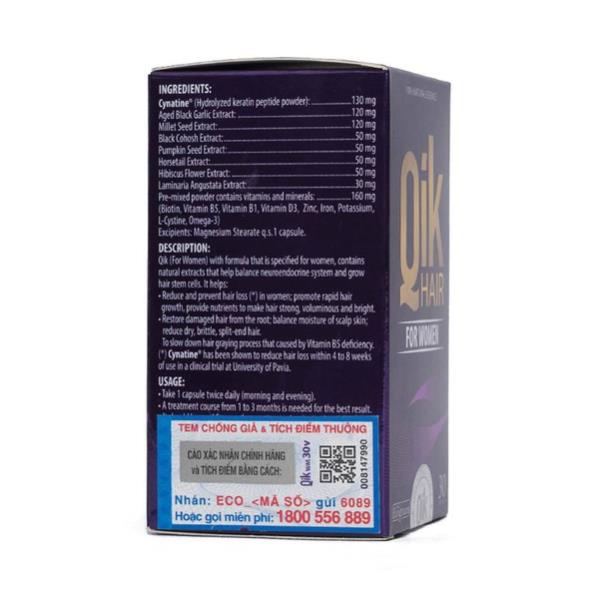 [Giá Gốc] QIK Hair For Women – Hỗ trợ thúc đẩy tế bào mọc tóc, chắc khỏe tóc - Lọ 30 viên